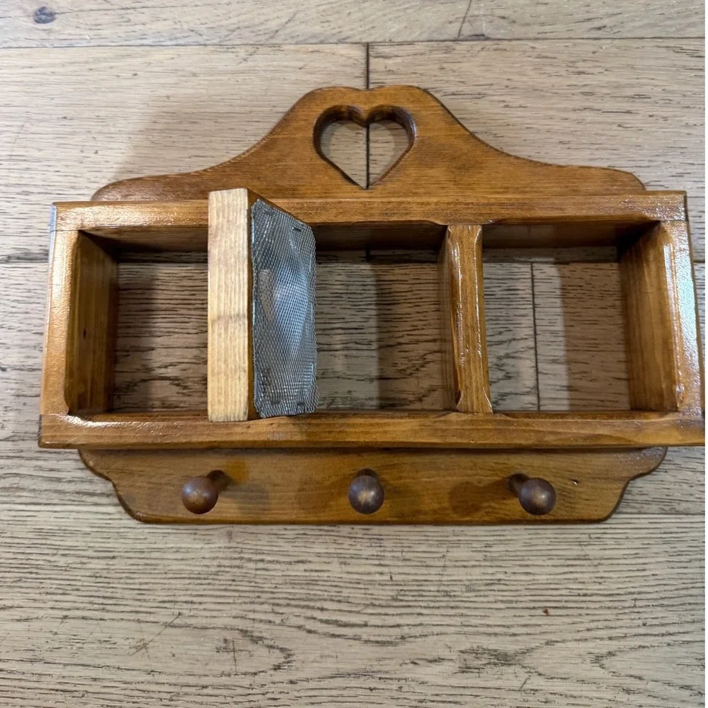Handmade Solid Wood Wall Trinket Organizer Small Brown Heart Cutout Rustic Pegs